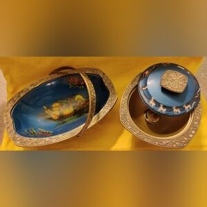 Vintage Camel Convoy Blue Enameled Blue Pedestal Bowl Lid And Candy Dish Israel